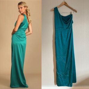 Dreaming of Elegance Dark Teal Satin One-Shoulder Maxi Dress